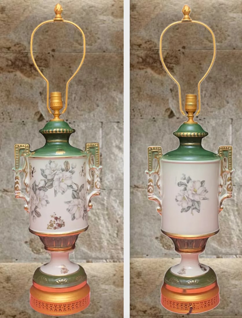 Vintage Green White Floral Porcelain Table Lamp - 2