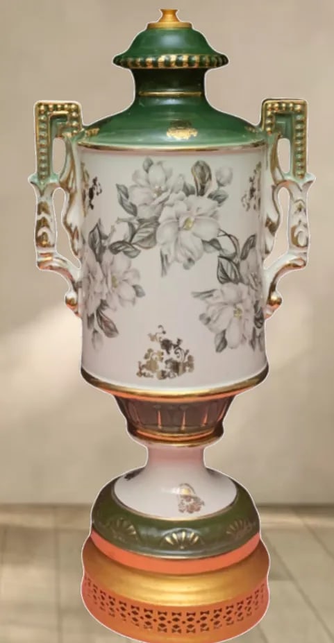 Vintage Green White Floral Porcelain Table Lamp - 3