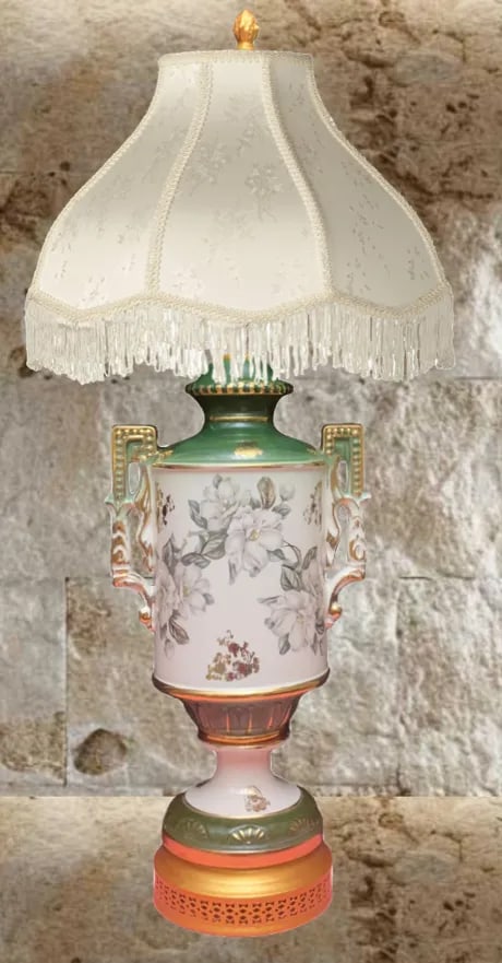 Vintage Green White Floral Porcelain Table Lamp - 4