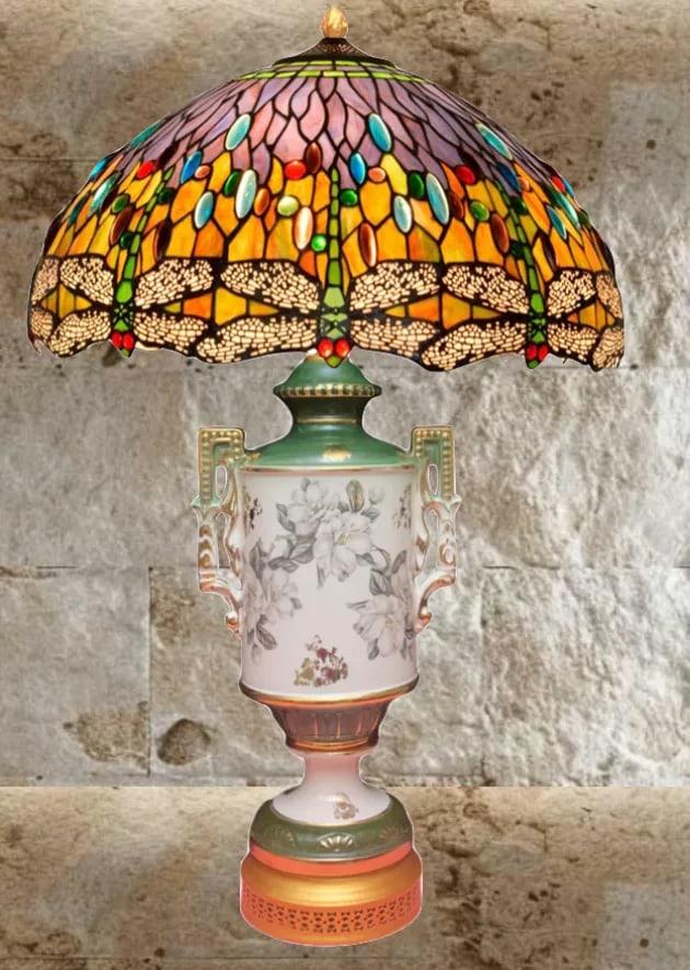 Vintage Green White Floral Porcelain Table Lamp - 6