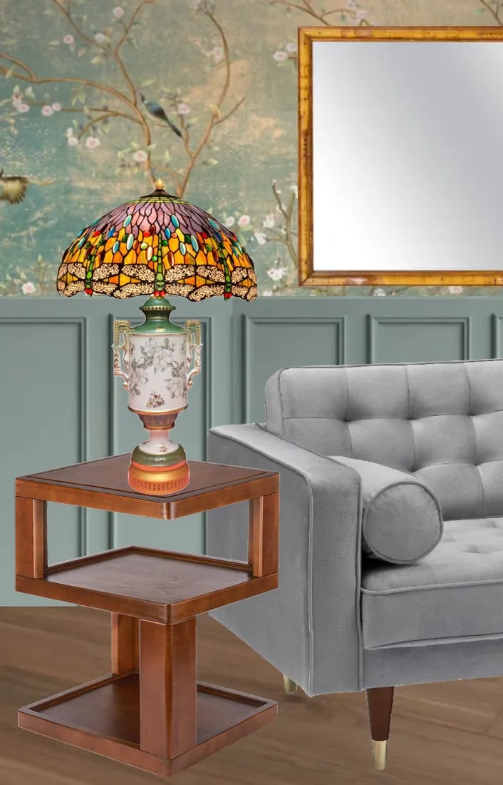 Vintage Green White Floral Porcelain Table Lamp - 7