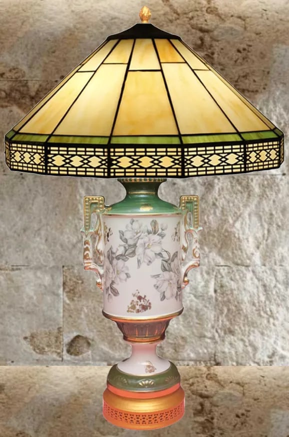 Vintage Green White Floral Porcelain Table Lamp - 8