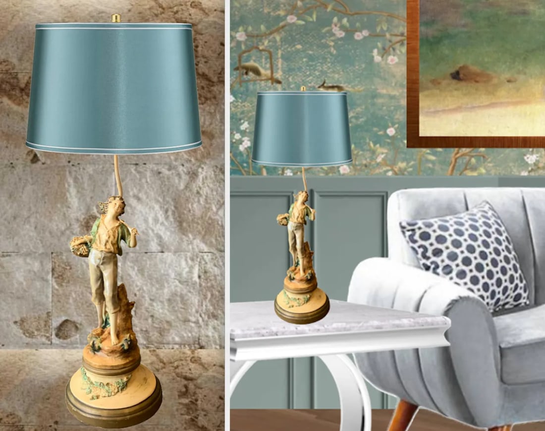 Vintage Moreau Spelter Table Lamp: Boy With Basket - 11