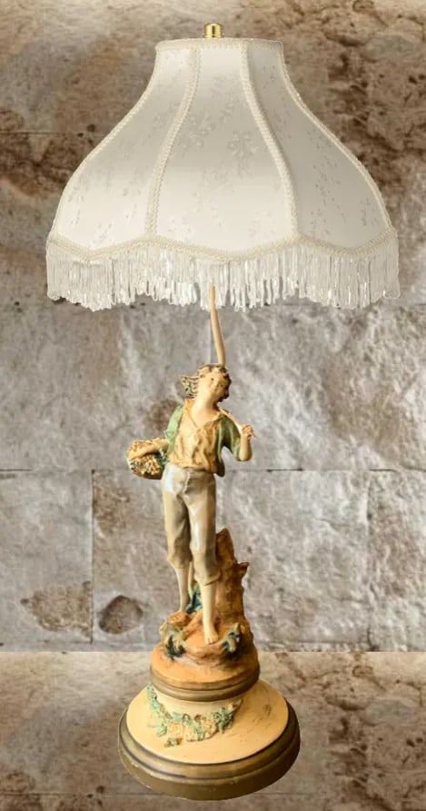 Vintage Moreau Spelter Table Lamp: Boy With Basket - 9
