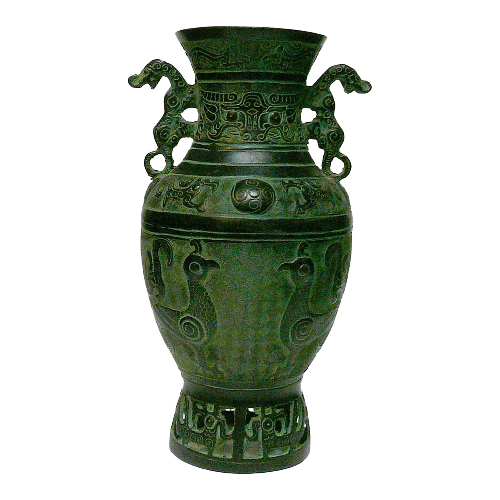 Chinese Old Dynasty Green Bronze Dragons and Birds Pattern Ceremonial Vase: Bring a touch of timeless grandiosity and classic Asian craftsmanship into your space with this stunning archaistic bronze Hu form ritual vase. Masterfully cast with an imposing, elegant silhouette,