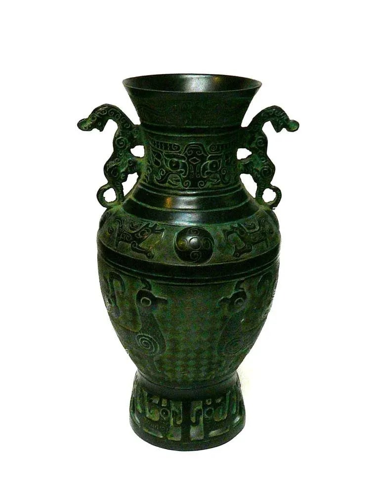 Chinese Old Dynasty Green Bronze Dragons and Birds Pattern Ceremonial Vase - 2