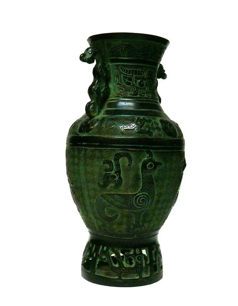 Chinese Old Dynasty Green Bronze Dragons and Birds Pattern Ceremonial Vase - 3