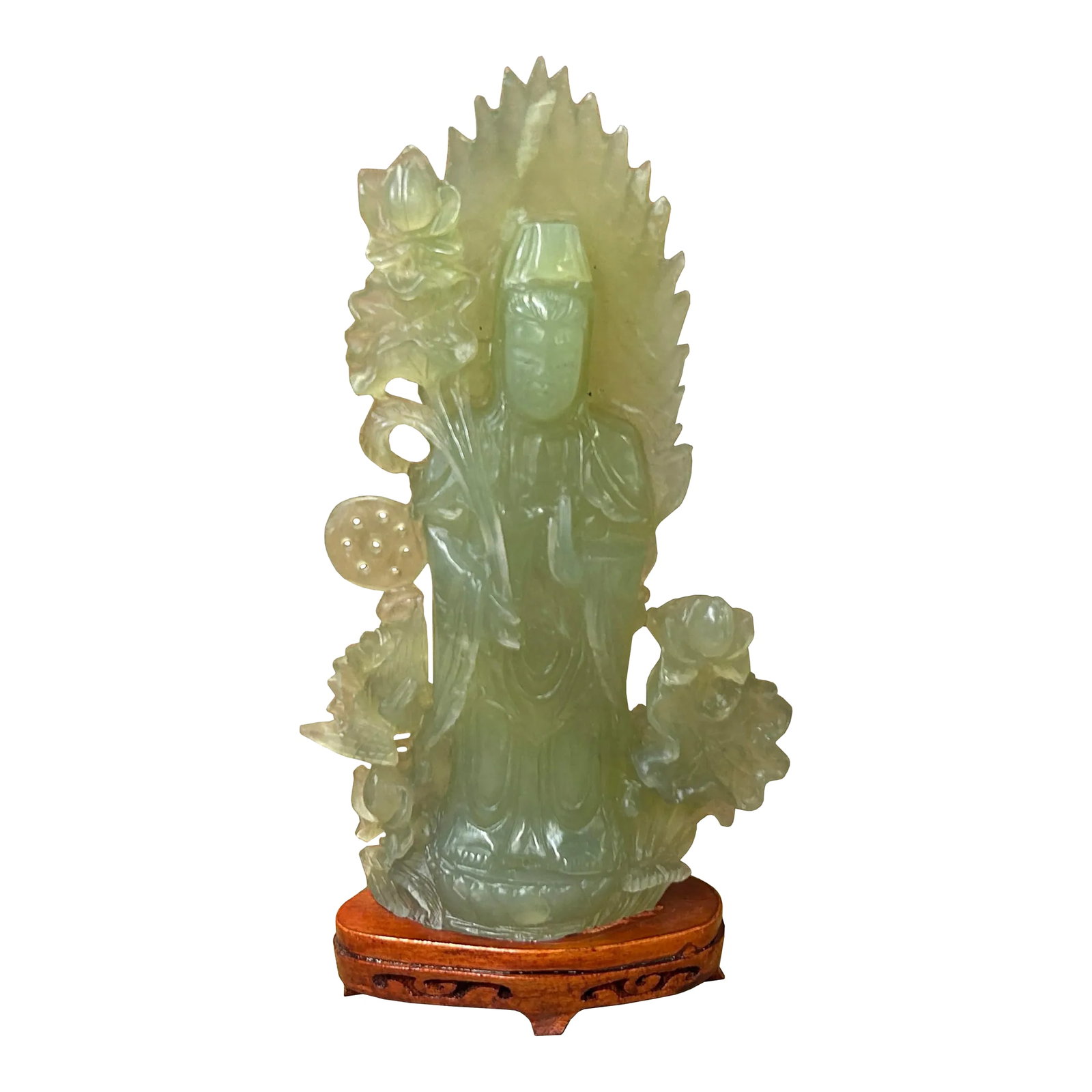 Light Green Color Stone Chinese Lotus Guan Yin Bodhisattva Statue: The Light Green Jade Color Stone Chinese Lotus Standing Guan Yin Bodhisattva Statue is a captivating and graceful work of art, symbolizing compassion and mercy. Crafted from stone with a delicate