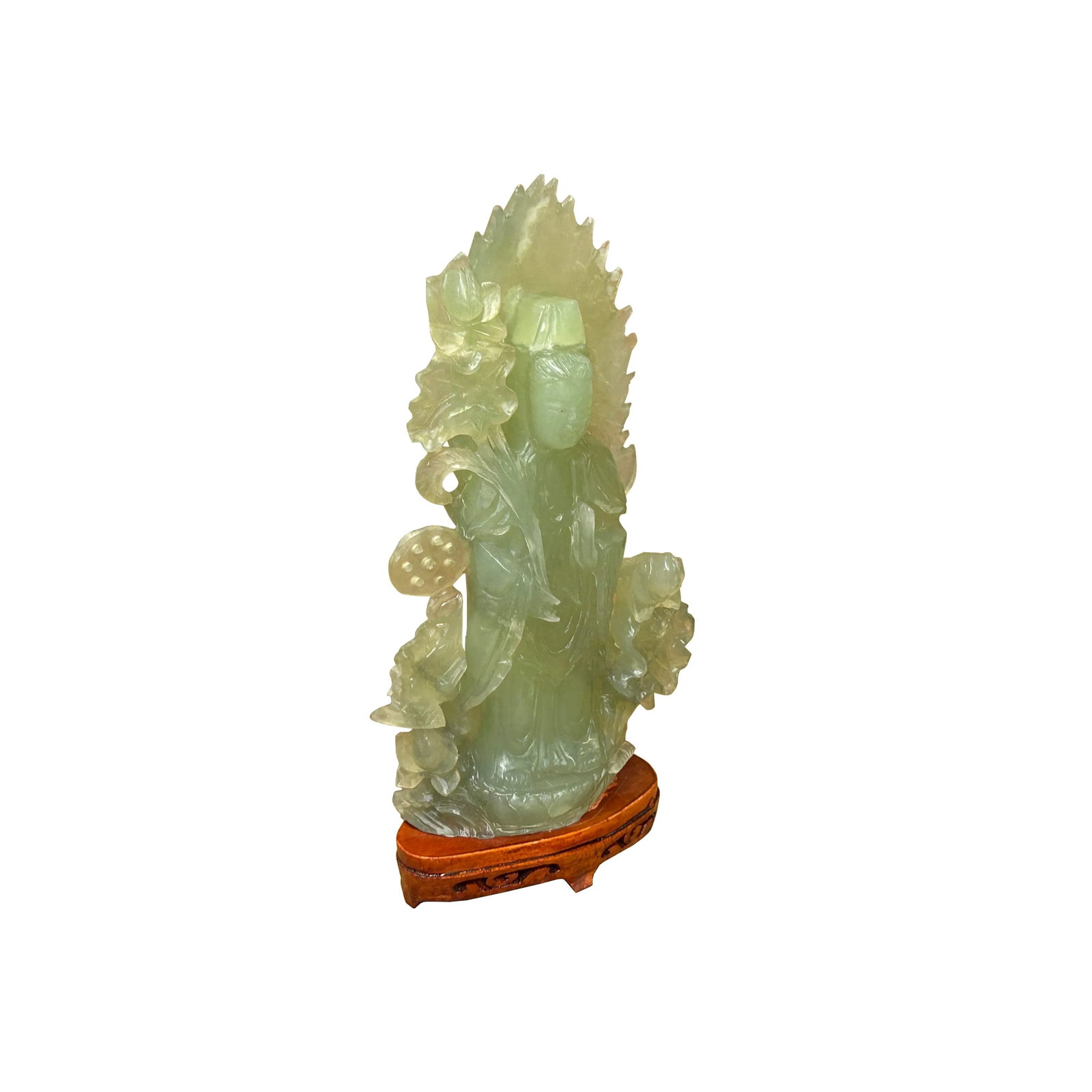 Light Green Color Stone Chinese Lotus Guan Yin Bodhisattva Statue - 2
