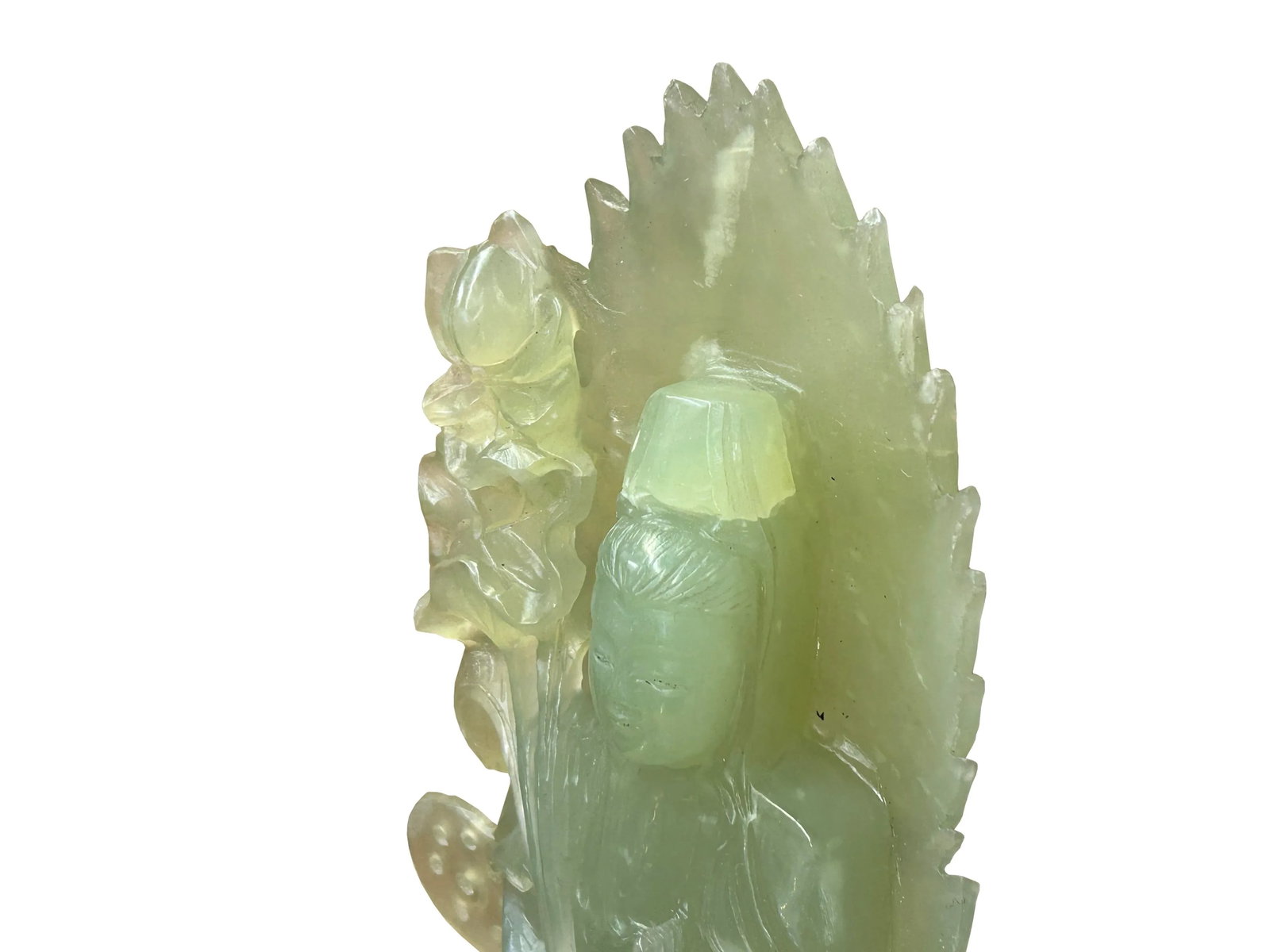 Light Green Color Stone Chinese Lotus Guan Yin Bodhisattva Statue - 3