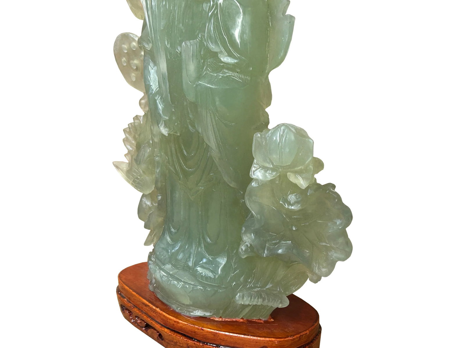 Light Green Color Stone Chinese Lotus Guan Yin Bodhisattva Statue - 4
