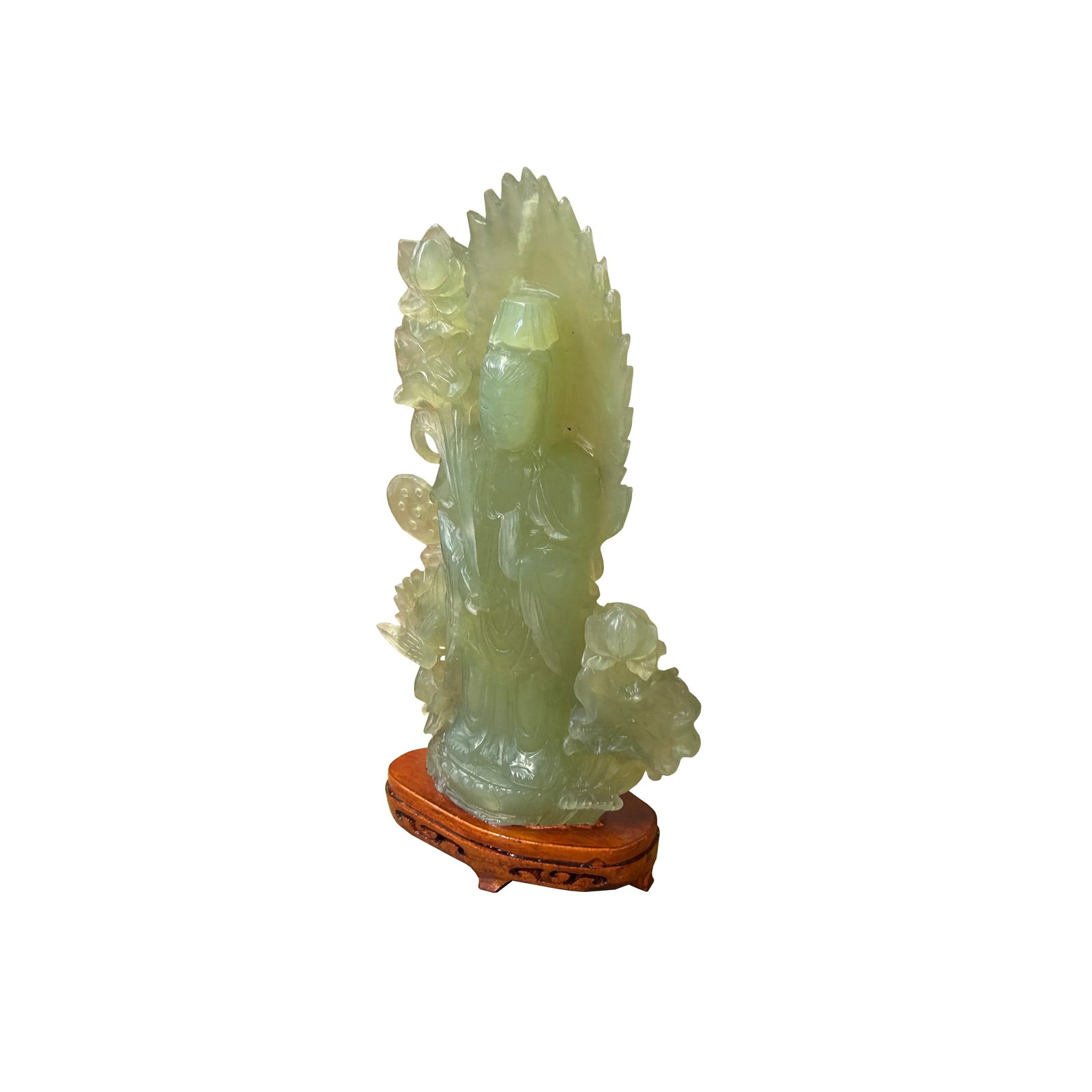 Light Green Color Stone Chinese Lotus Guan Yin Bodhisattva Statue - 7
