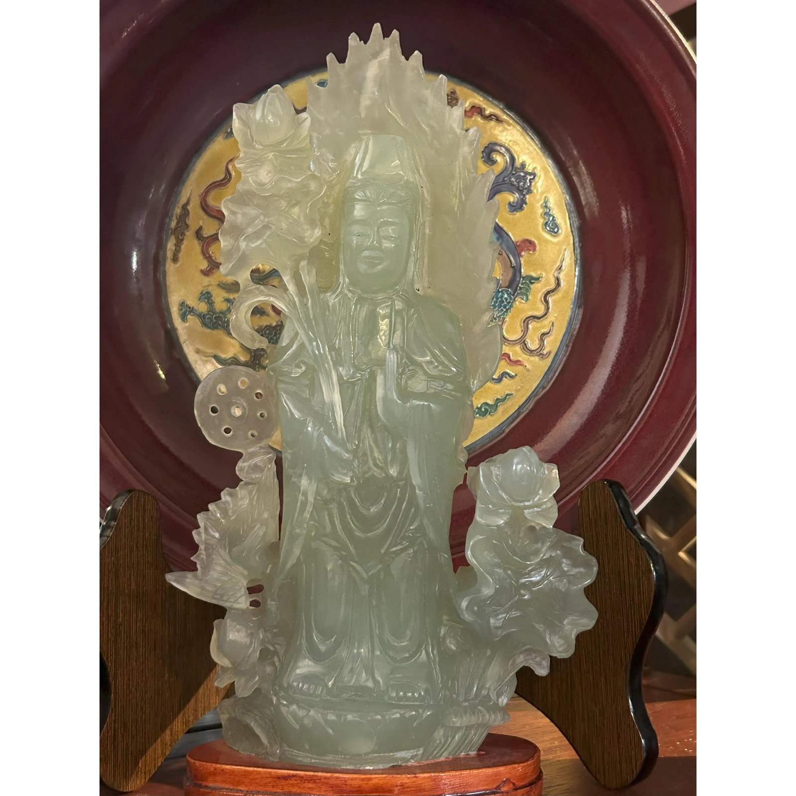 Light Green Color Stone Chinese Lotus Guan Yin Bodhisattva Statue - 9