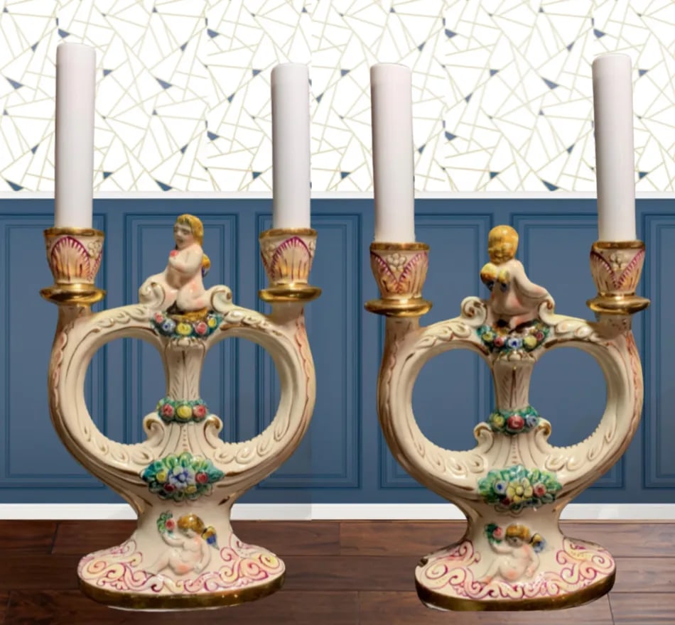 Mid-Century Capodimonte Candelabra Lamp- Cherub - 12