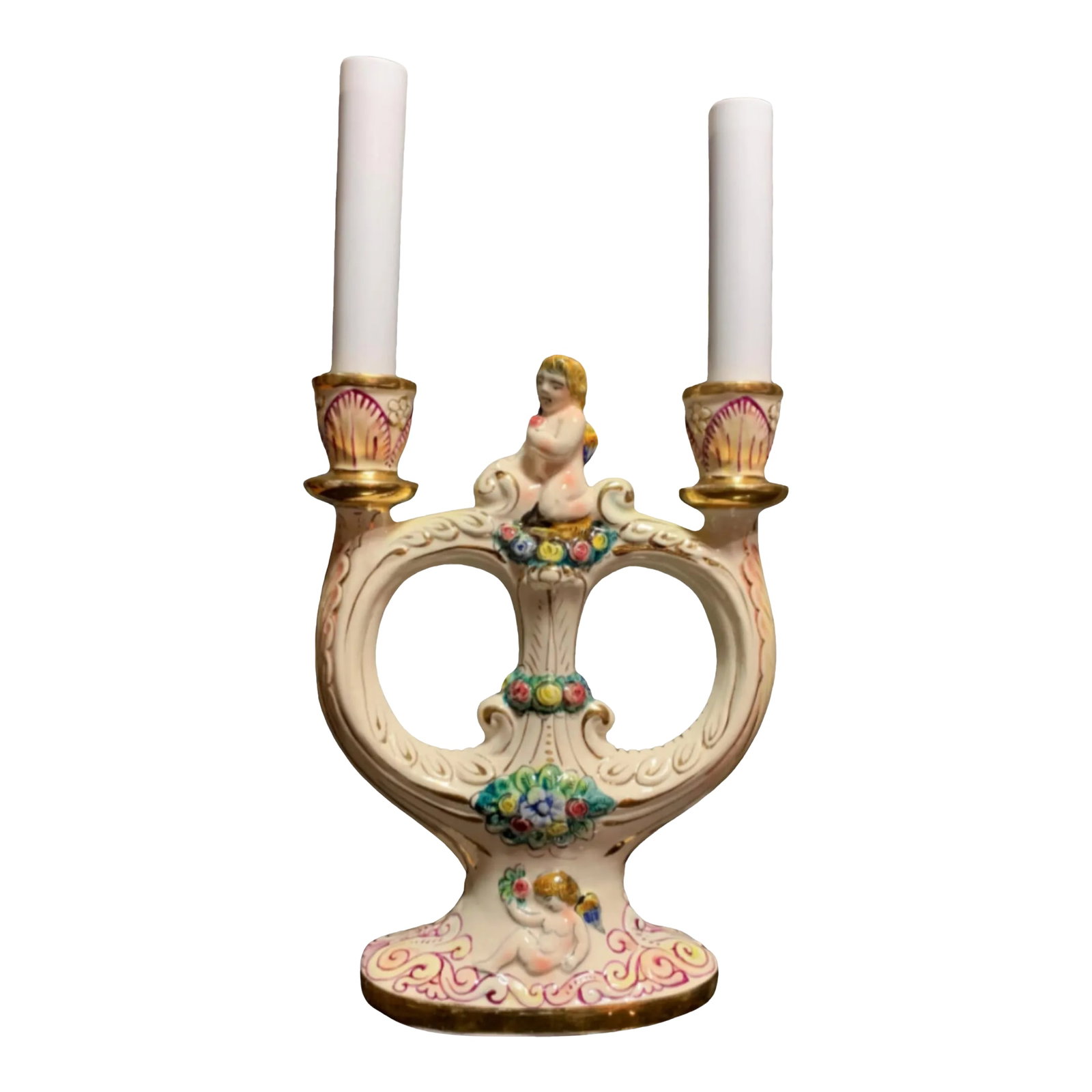 Mid-Century Capodimonte Candelabra Lamp- Cherub: This exquisite midcentury Capodimonte porcelain candelabra table lamp is a stunning piece that embodies the elegance and artistry of its time. At the top center, a charming blonde winged cherub kneels