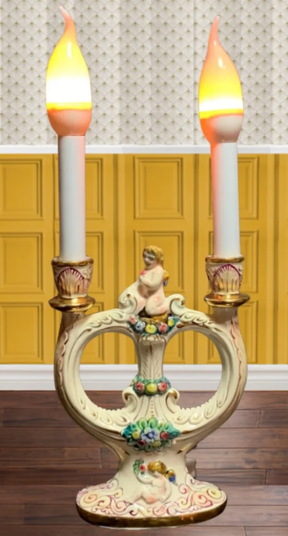 Mid-Century Capodimonte Candelabra Lamp- Cherub - 9