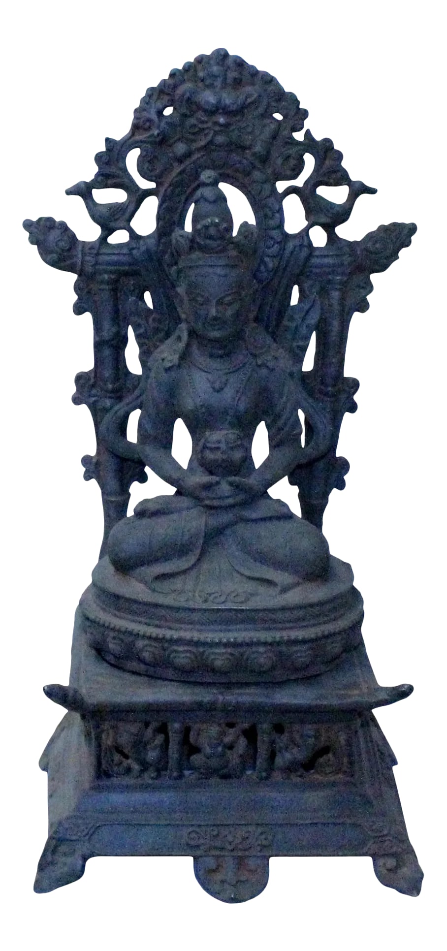 Vintage Iron Metal Finish Rustic Kwan Yin on Pedestal Statue: This mixed metal Kwan Yin is in cross legs meditation posture on a pedestal with a back panel. It is a decent subtle room decoration piece or personal meditation worship display art. Dimensions: w6" x