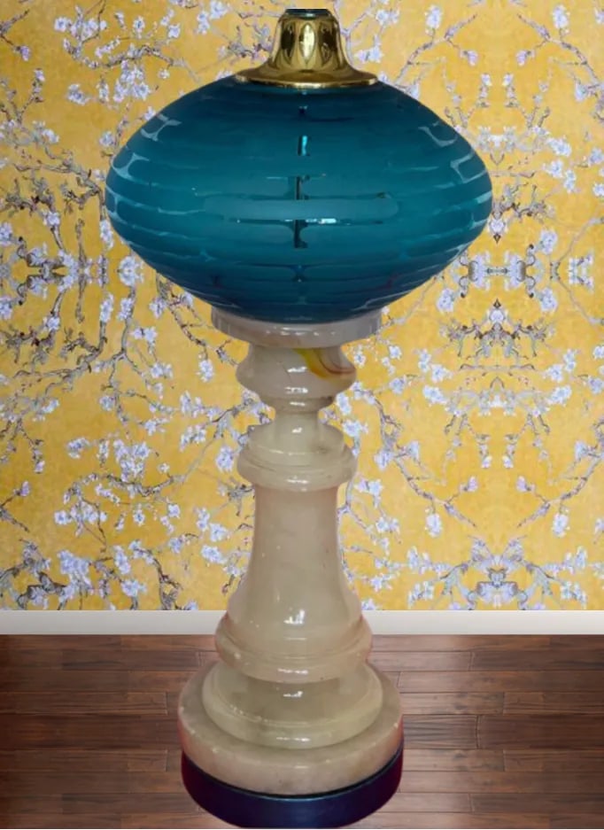 Aqua Art Glass Elliptical Orb Alabaster Column Table Lamp - 12