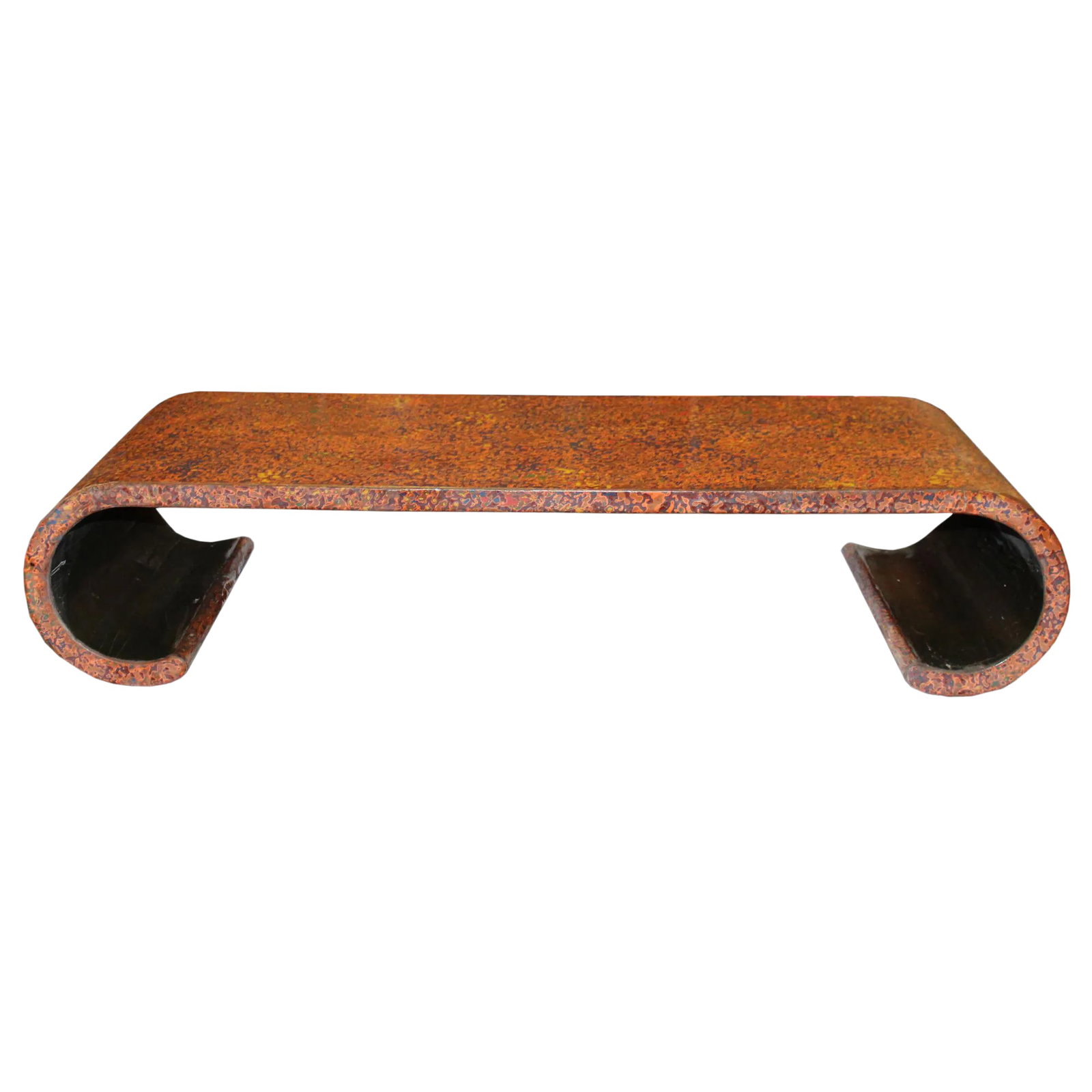 Handmade Blood Red Multi-Layer Lacquer Wood Scroll Low Table Stand: Handmade from solid wood, this unique scroll leg table features a beautifully distressed oriental orange-red lacquer finish, adorned with a striking pattern of multi-colored marks. These marks result
