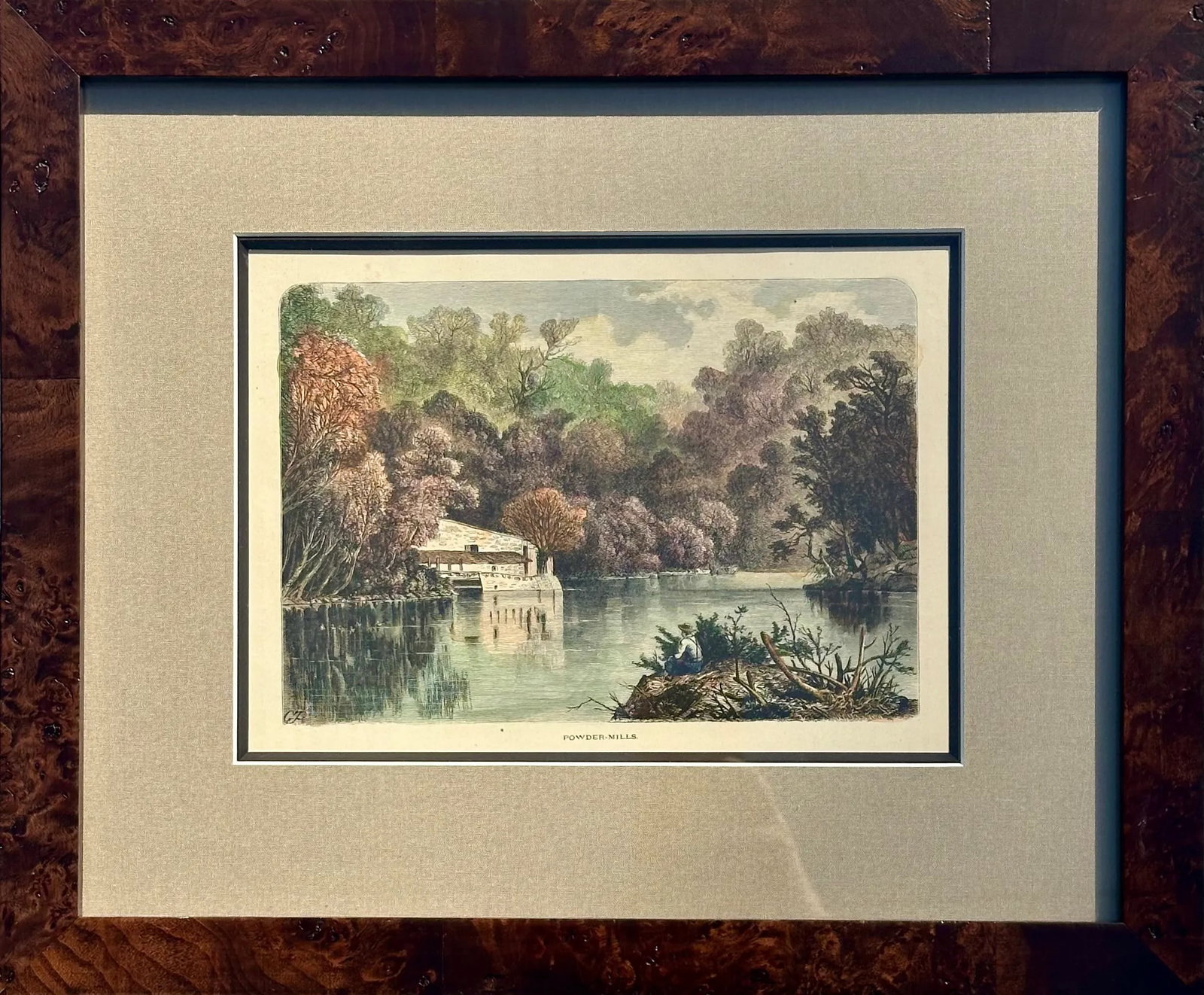 1871 Powder Mills on Brandywine, Delaware, Framed: Original engraving of the Powder Mills (DuPont Mills), on the Brandywine in Delaware from Picturesque America, 1871. Custom framed in a double mat, custom frame and UV-protectant glass. Dimensions: