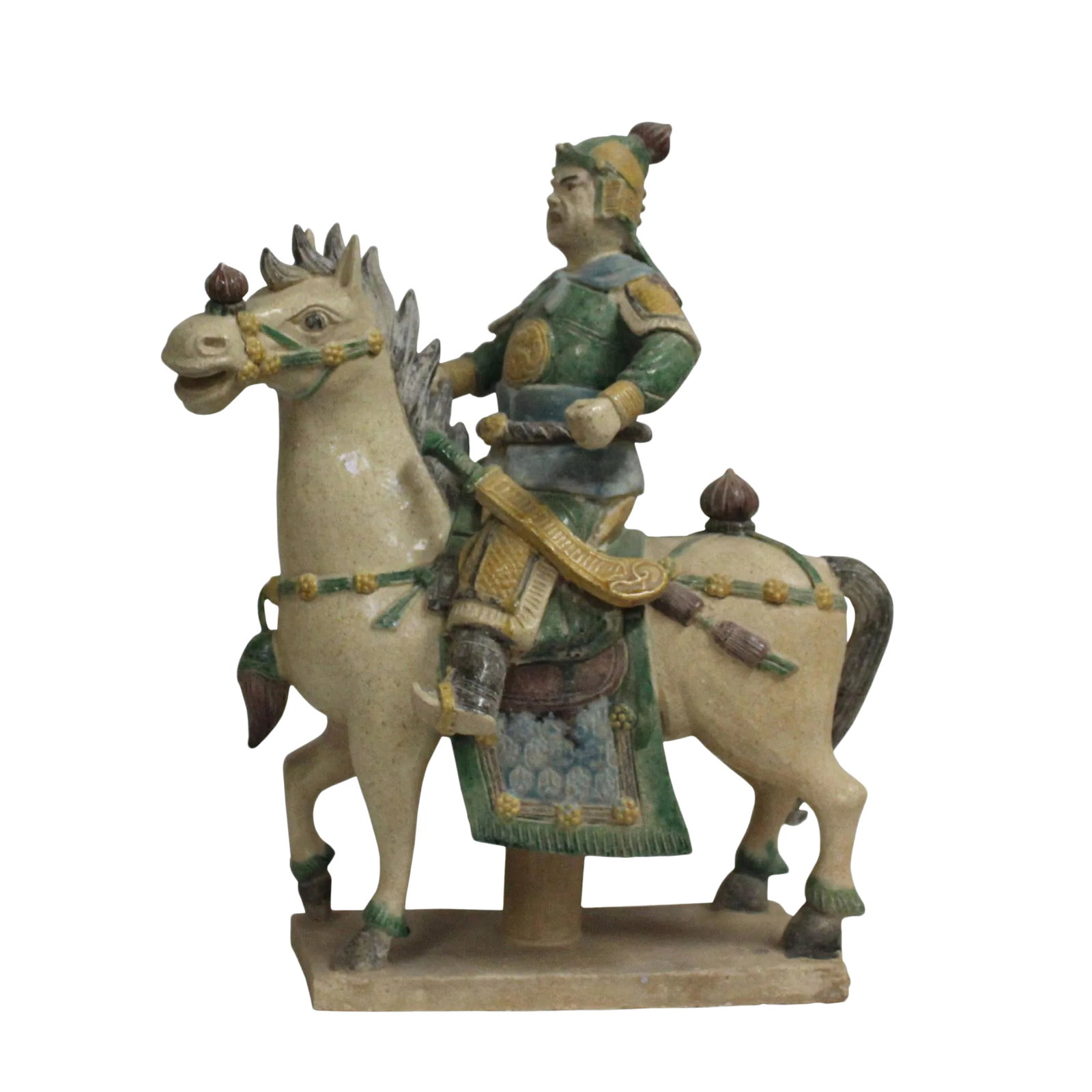 Chinese Handmade Ceramic Warrior on Horse Figure: This is a handmade Chinese accent decorative figure of an ancient style warrior on a horse in cream white glaze and color accent on the details and dressing. Dimensions: w14"x 8"x h17" Origin: China