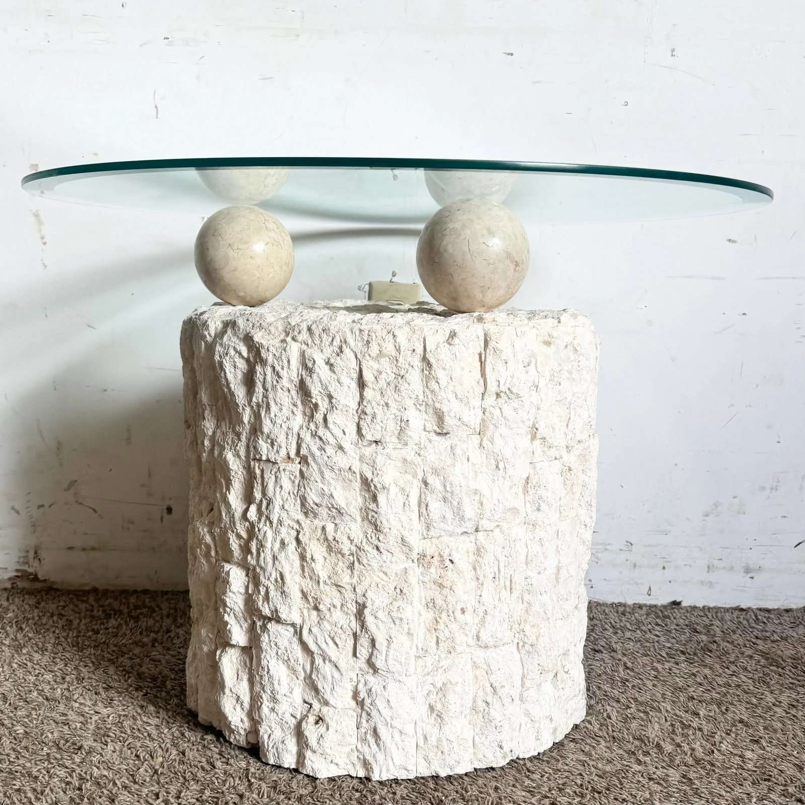 Postmodern Tessellated Stone Circular Beveled Glass Top Side Table - 2