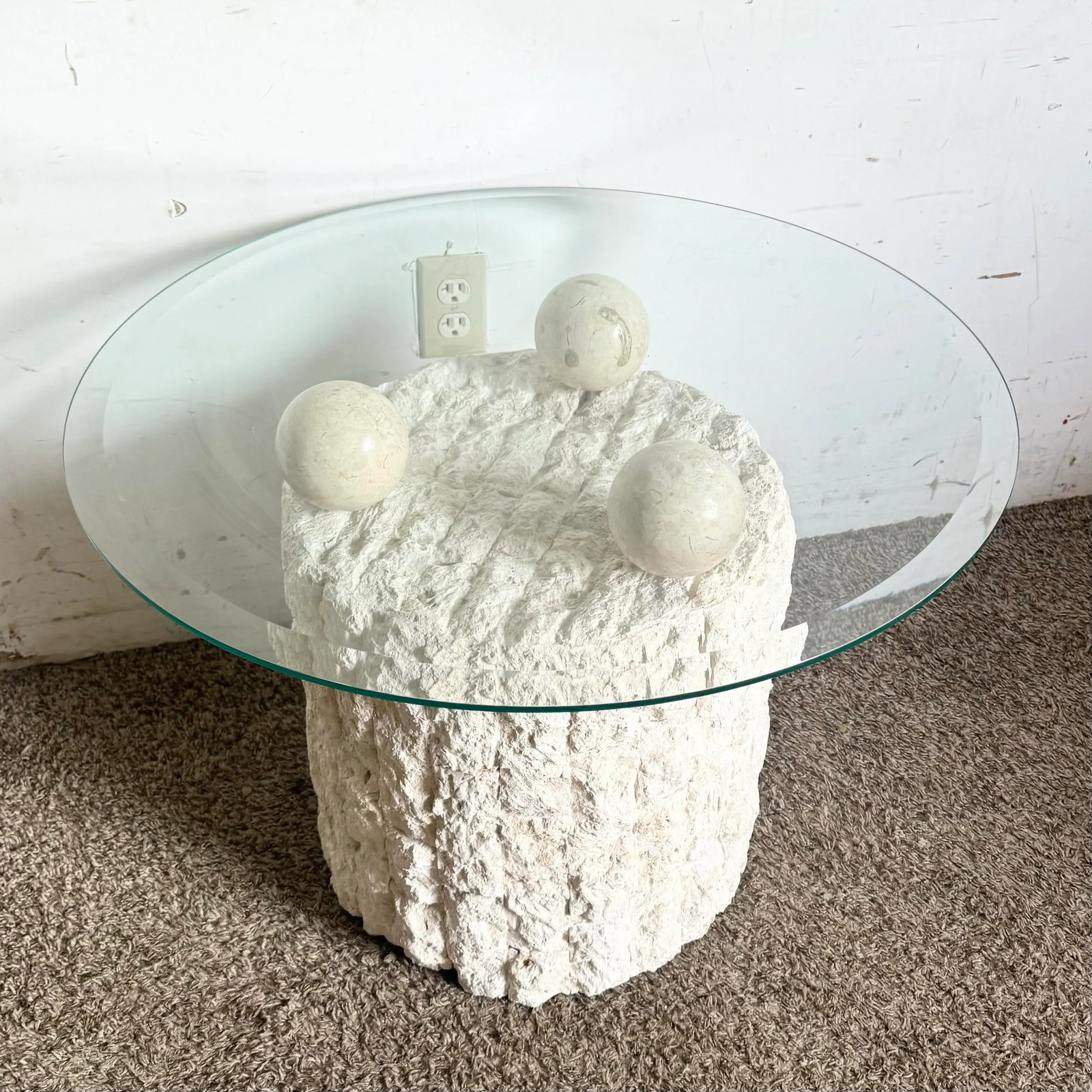 Postmodern Tessellated Stone Circular Beveled Glass Top Side Table - 3