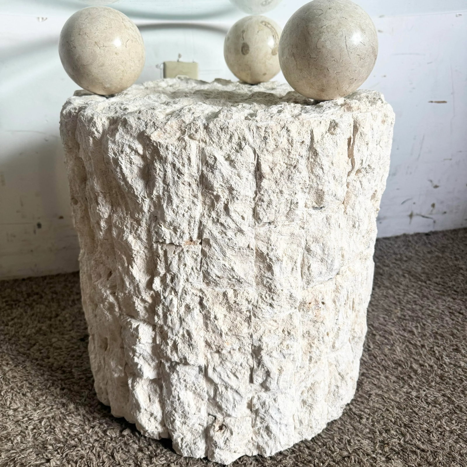 Postmodern Tessellated Stone Circular Beveled Glass Top Side Table - 5