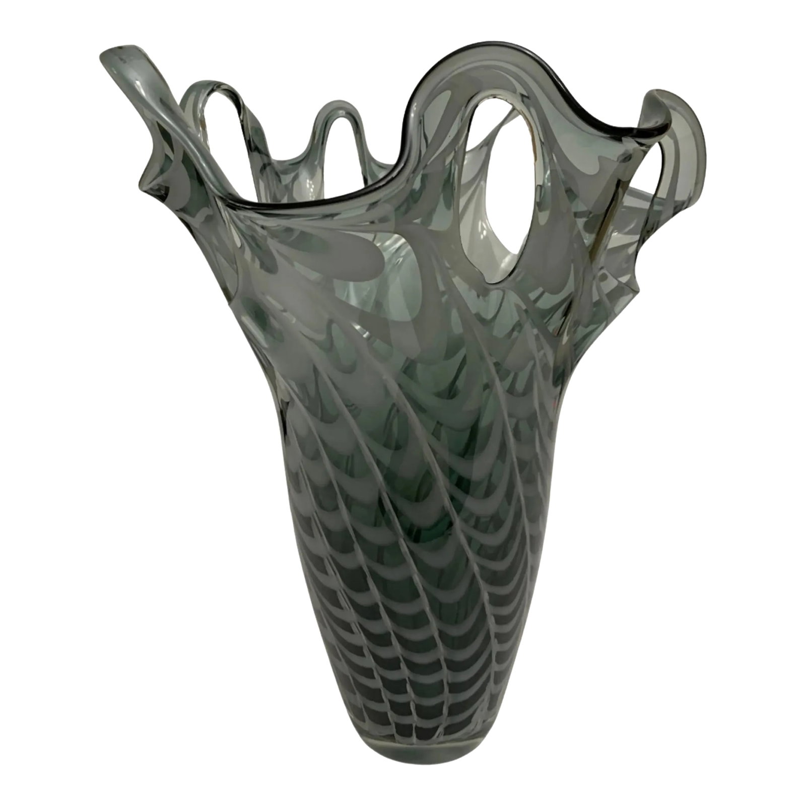 Art Glass Vase: Gray Swirls With Open Loops: This striking 13-inch tall vase is a masterful example of glass artistry, skillfully hand-blown from a harmonious blend of gray and white glass. Its design evokes a sense of fluidity and motion,