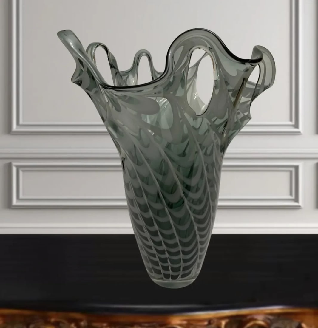 Art Glass Vase: Gray Swirls With Open Loops - 2