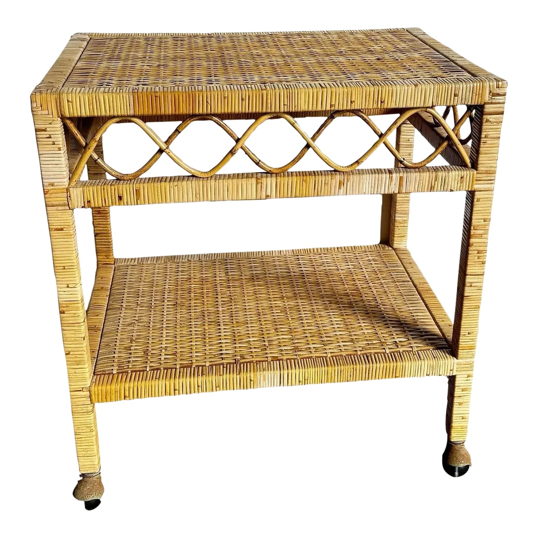 Boho Chic Wicker Two Tier Cart: This charming boho chic wicker cart offers style and practicality. Featuring two tiers of woven wicker shelves and decorative lattice detailing, it's perfect for storage or display in any room. The co