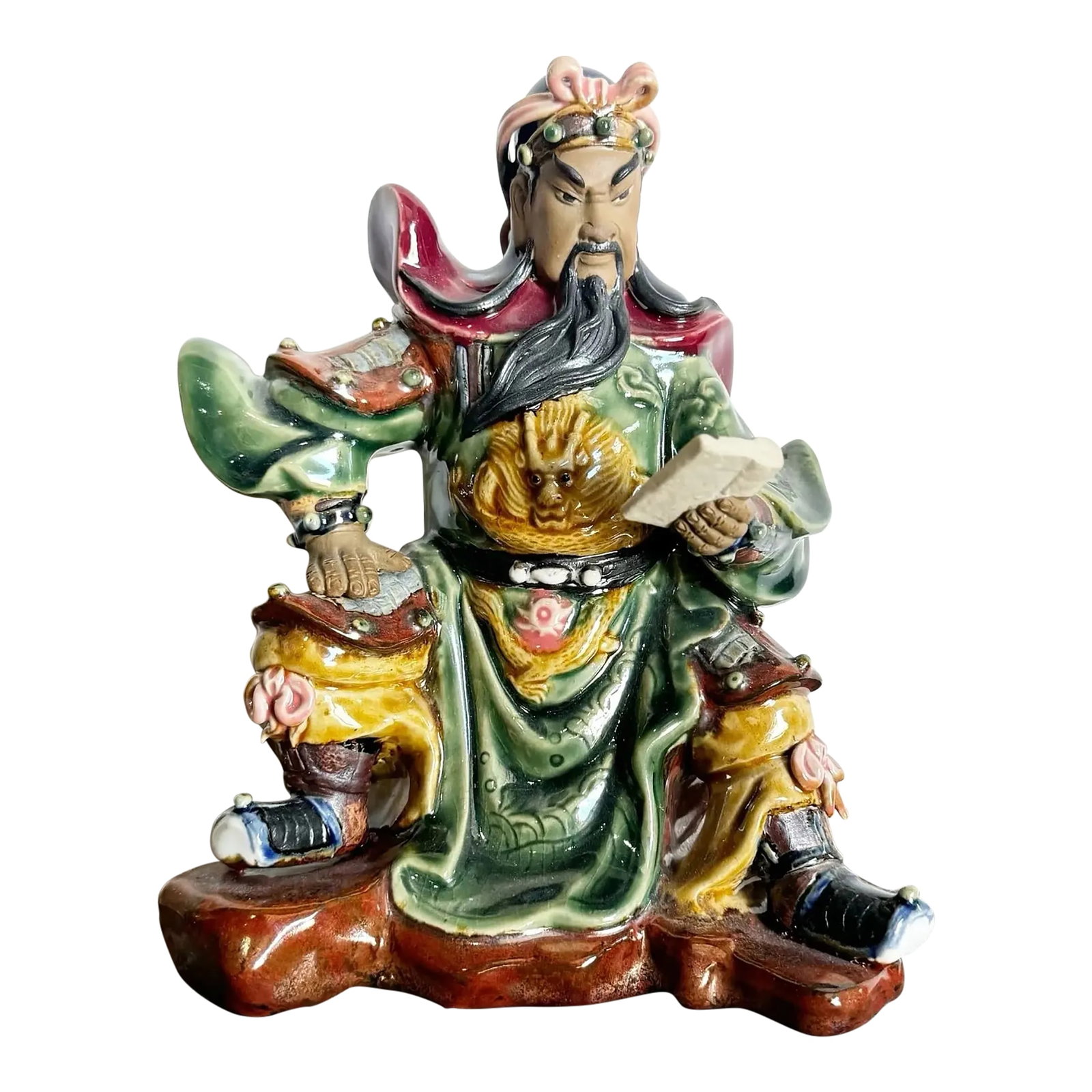 Vintage Hand Painted Guan Gong or Guan Yu Pottery Sculpture: This vintage hand-painted pottery sculpture depicts Guan Gong (Guan Yu), the legendary Chinese general revered as a symbol of loyalty, honor, and strength. Seated in full regalia, the figure is