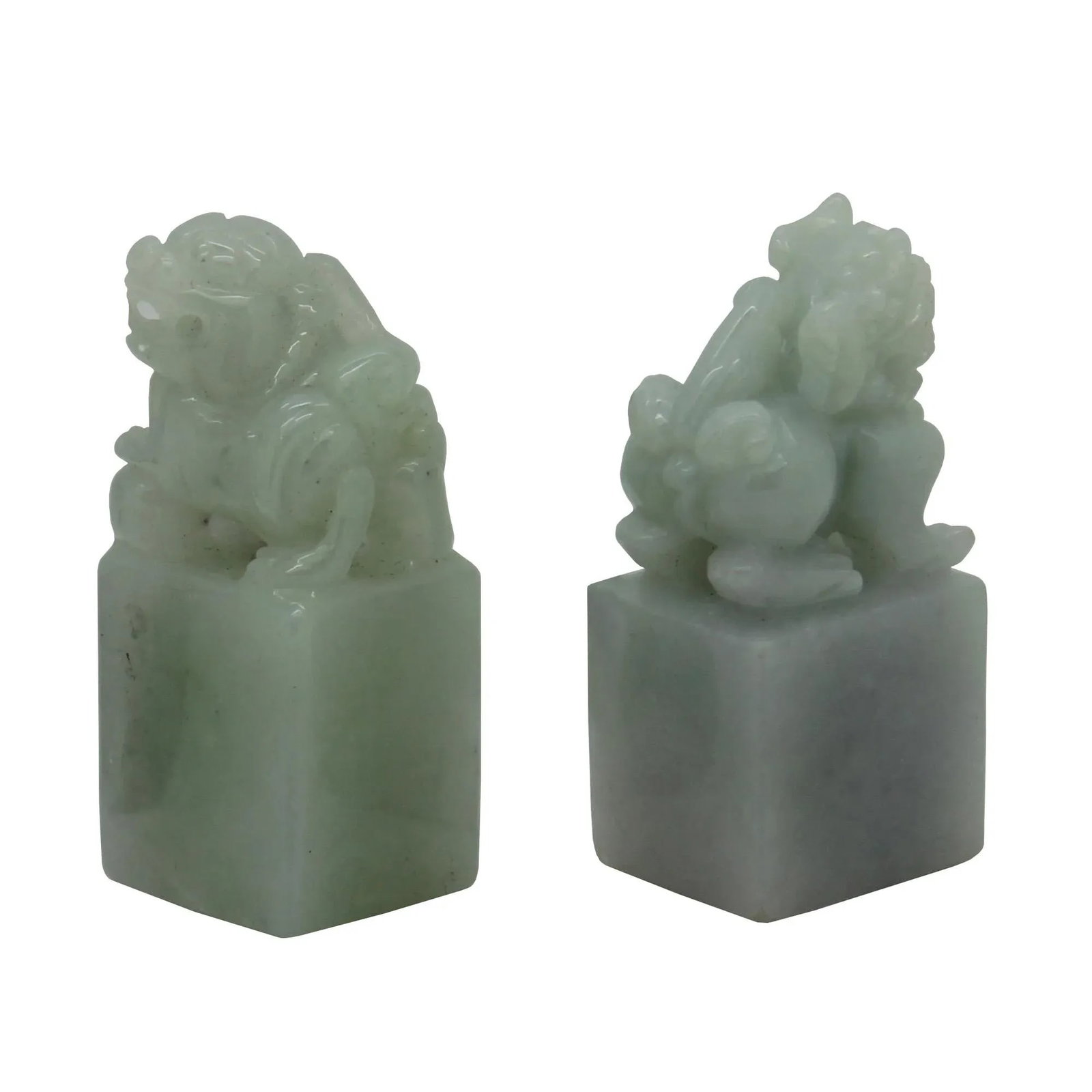 Detail Carved Natural Jade Chinese Table TopFoo Dog Statue - a Pair - 3