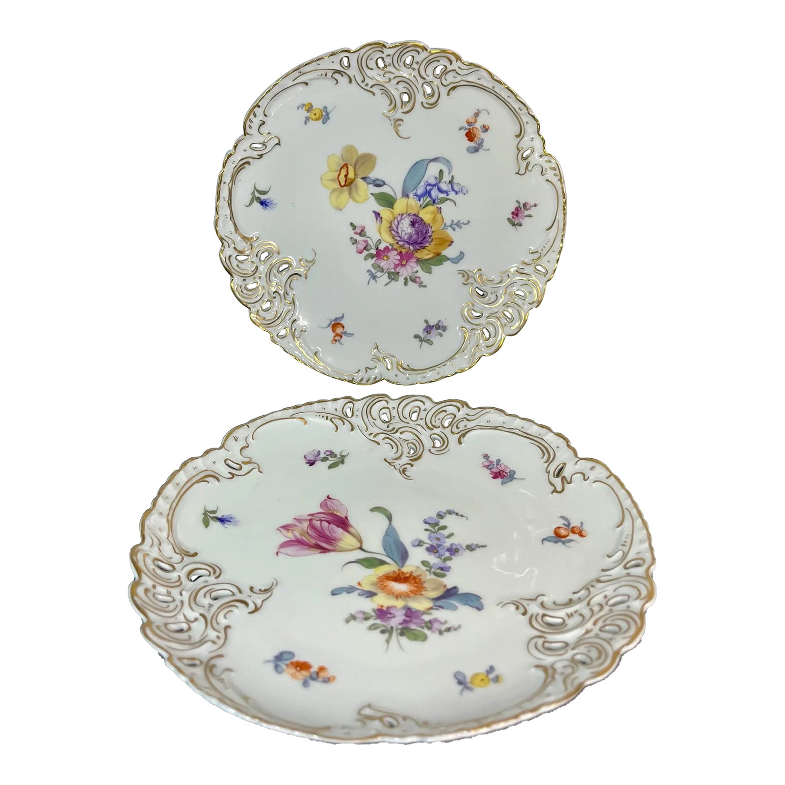 Antique Nymphenburg Porcelain Salad Plates- Set of 2: Fine and delicate porcelain with pierced and scalloped rim, hand painted floral center, and gold trim. Measures approx 8.25"L. Condition: Alterations: Original Condition Unaltered Imperfections: Some