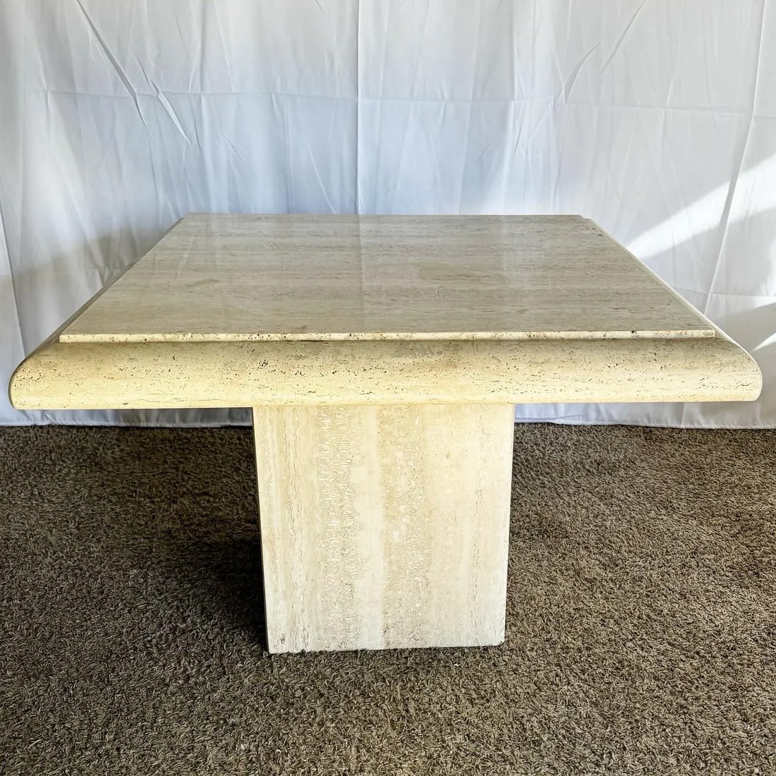 Italian Polished Bullnose Travertine Square Top Side Table - 2