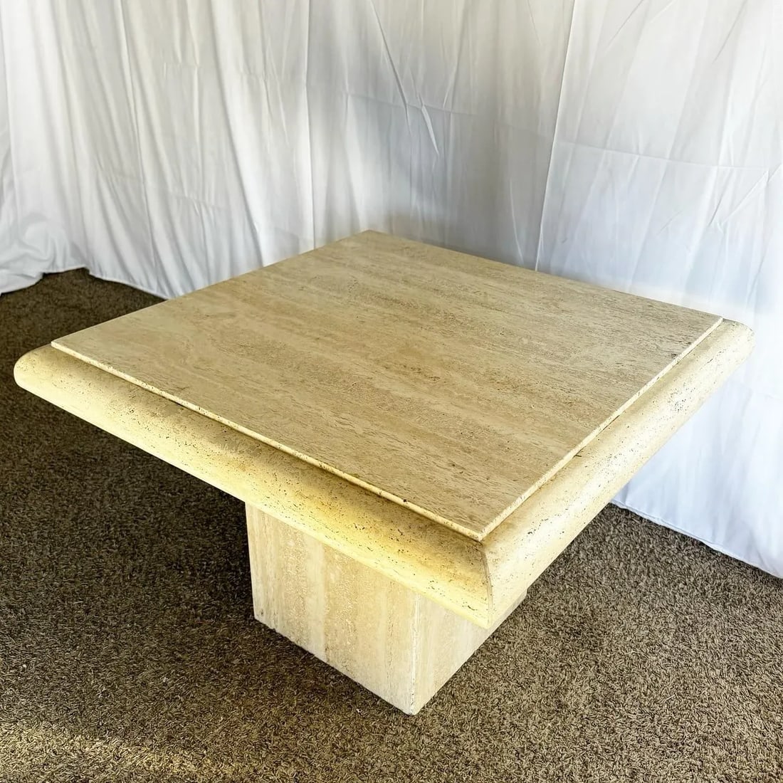 Italian Polished Bullnose Travertine Square Top Side Table - 5
