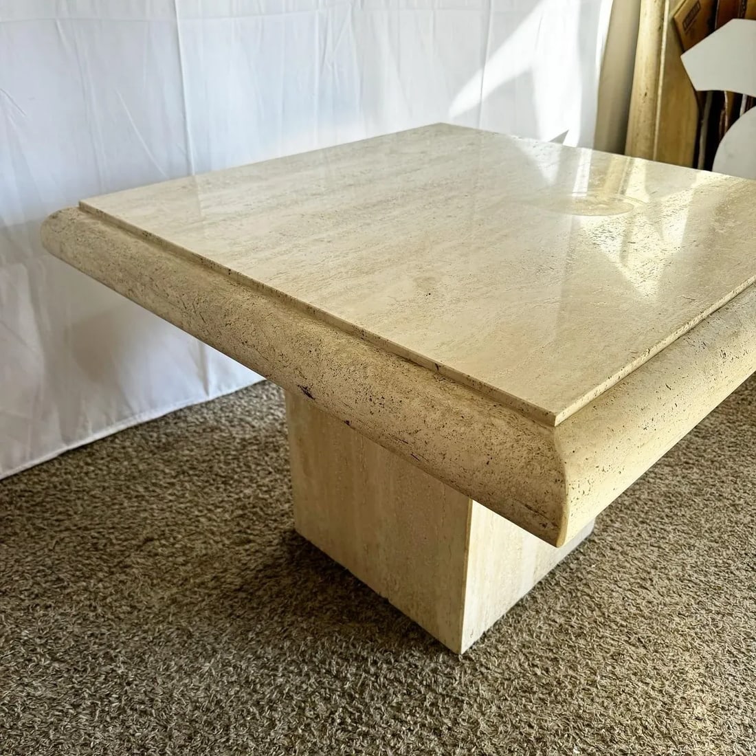 Italian Polished Bullnose Travertine Square Top Side Table - 9