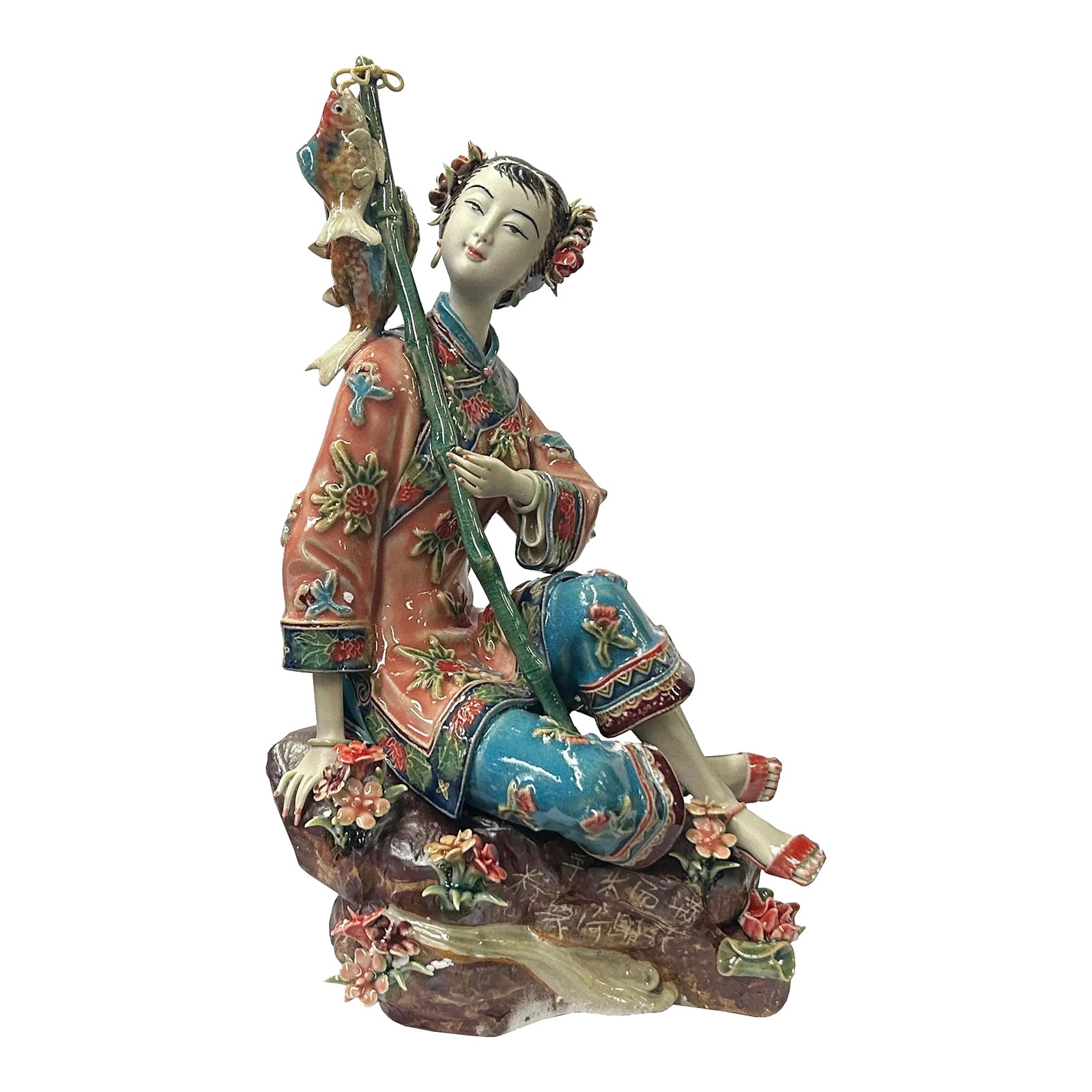 Chinese Oriental Porcelain Qing Style Dressing Fishing Lady Figure: This Chinese Qing style dressing lady figurine is a beautiful and delicate piece of art. It is made of ceramic pottery and is hand-painted with intricate detail. The lady is depicted in a traditional