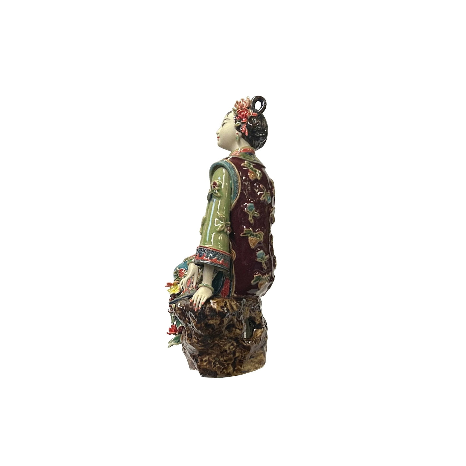 Chinese Porcelain Qing Style Dressing Flower Sitting on Rock Lady Figure - 2