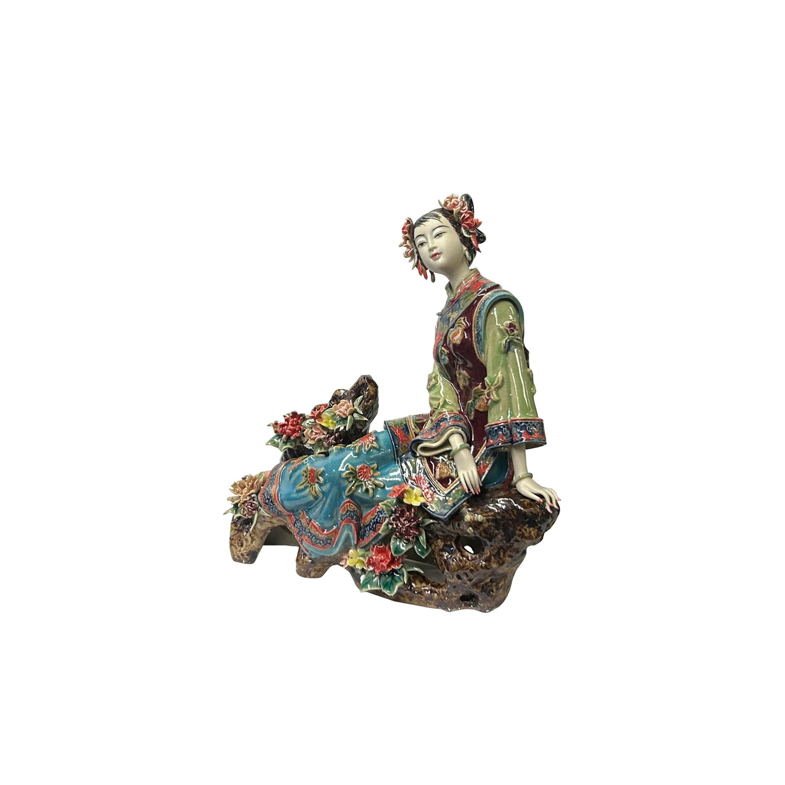 Chinese Porcelain Qing Style Dressing Flower Sitting on Rock Lady Figure - 3
