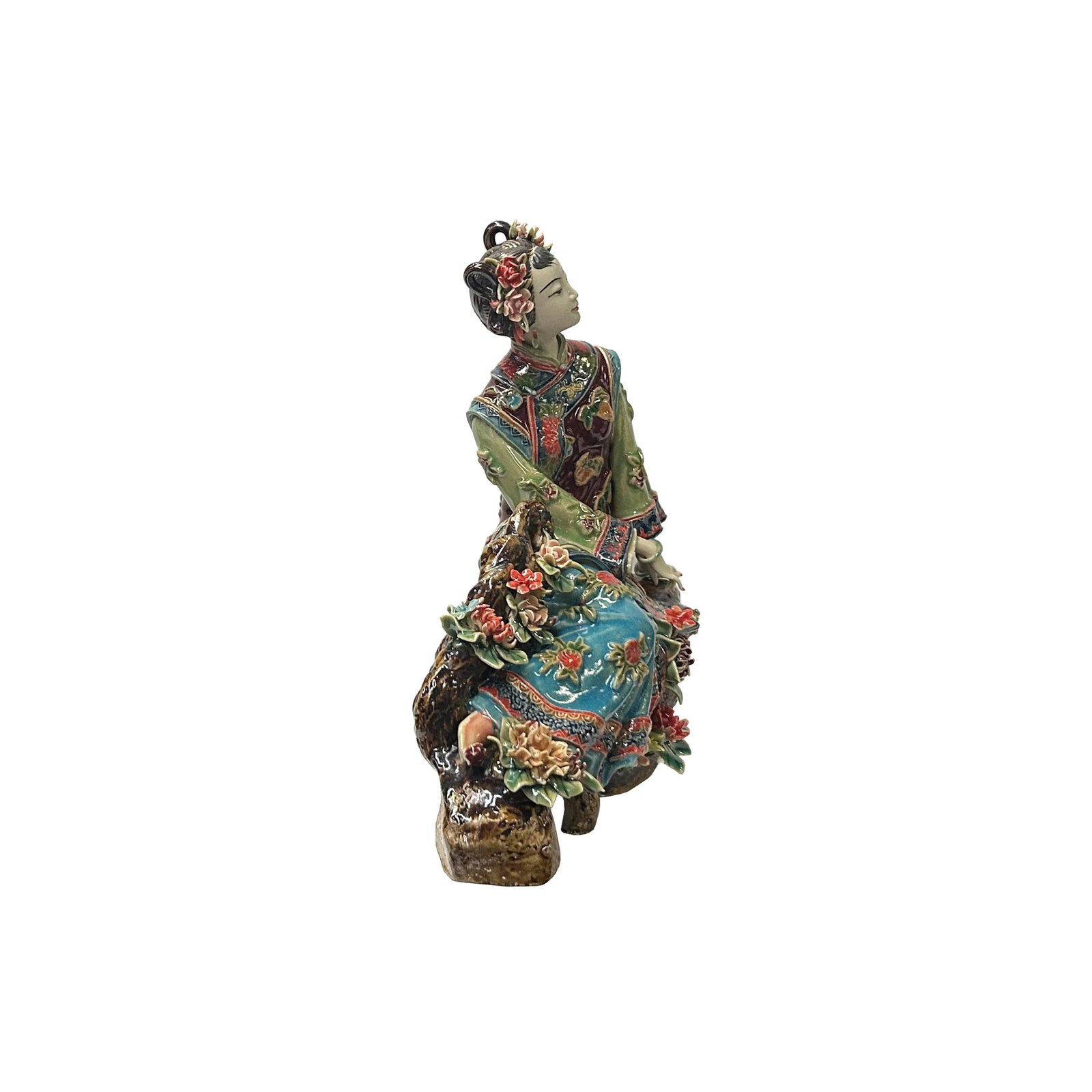 Chinese Porcelain Qing Style Dressing Flower Sitting on Rock Lady Figure - 4