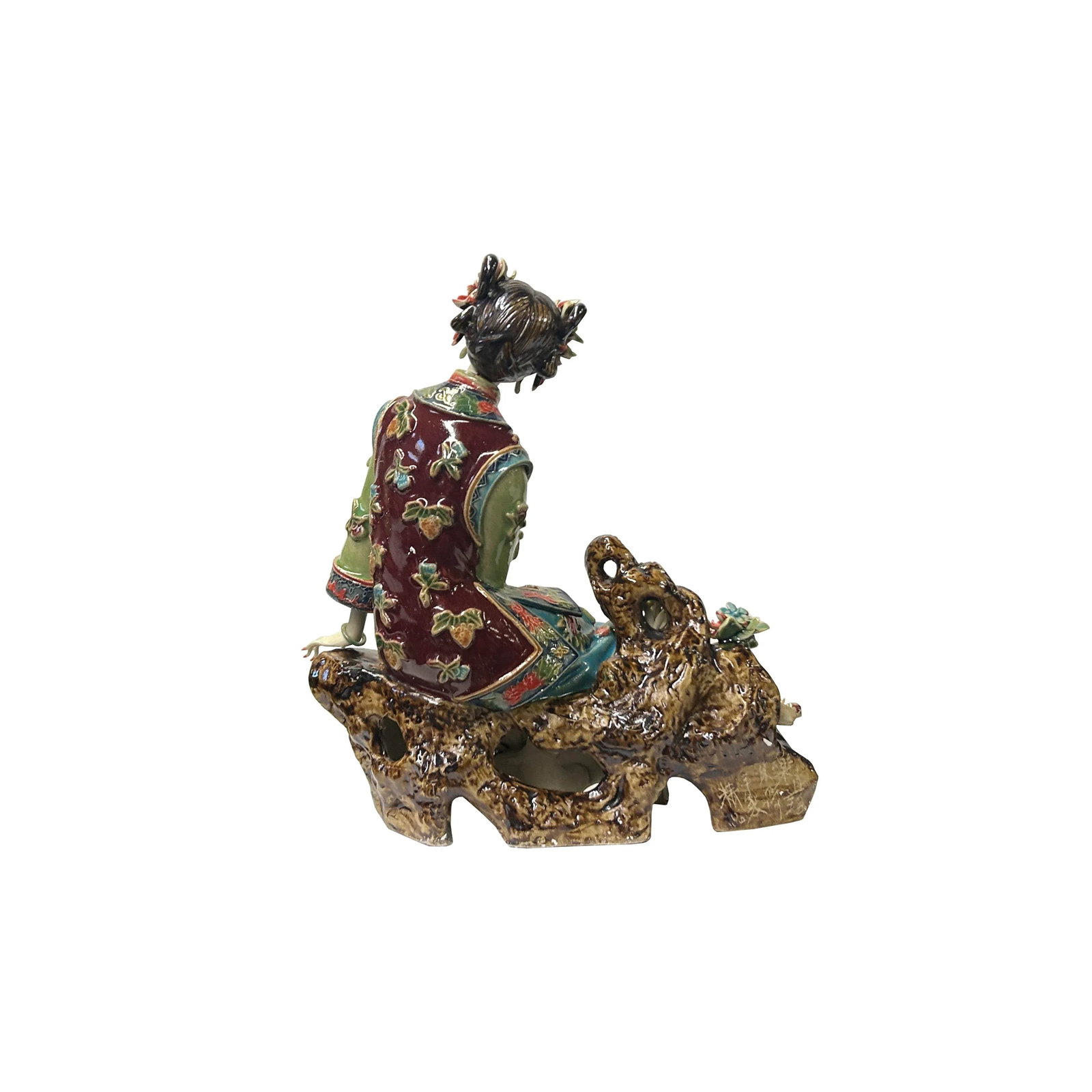 Chinese Porcelain Qing Style Dressing Flower Sitting on Rock Lady Figure - 5