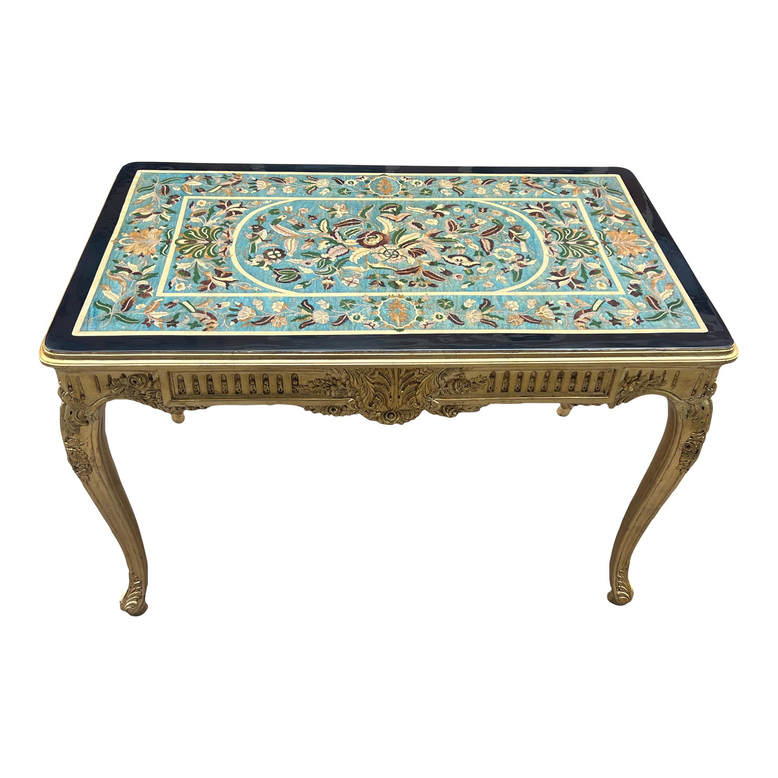 1960s Neoclassical Style Italian Scagliola Table: Beautiful Italian Style Scagliola table in gold leaf. Dimensions Width of 45" x depth of 27" and Height of 30" Condition: Alterations: Original Condition Unaltered Imperfections: Some Imperfections