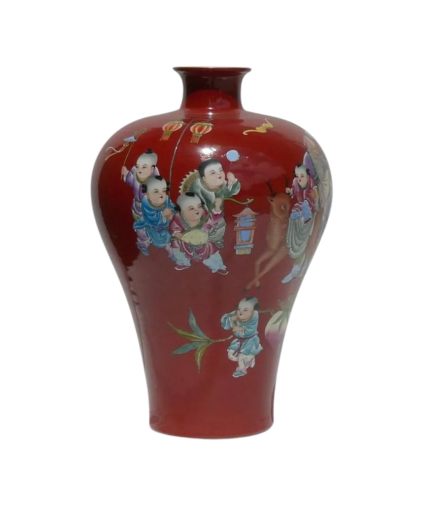Red Painted Chinese Longevity Old Man & Kids Vase: This beautiful vase is painted with a Longevity old man surrounded by many kids. Each of the kids is doing different things, some are carrying peaches, some are holding a lotus flowers, and some are p