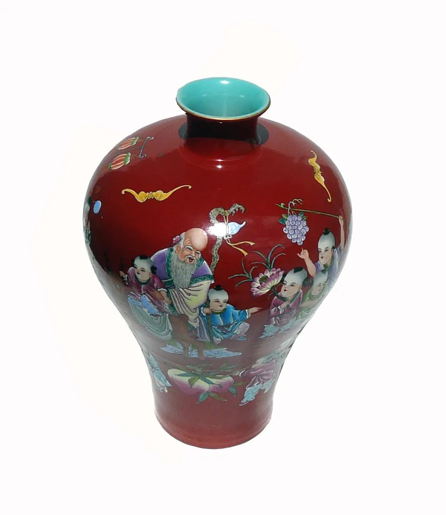 Red Painted Chinese Longevity Old Man & Kids Vase - 4