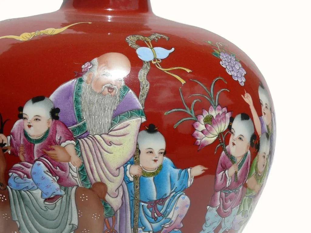 Red Painted Chinese Longevity Old Man & Kids Vase - 6