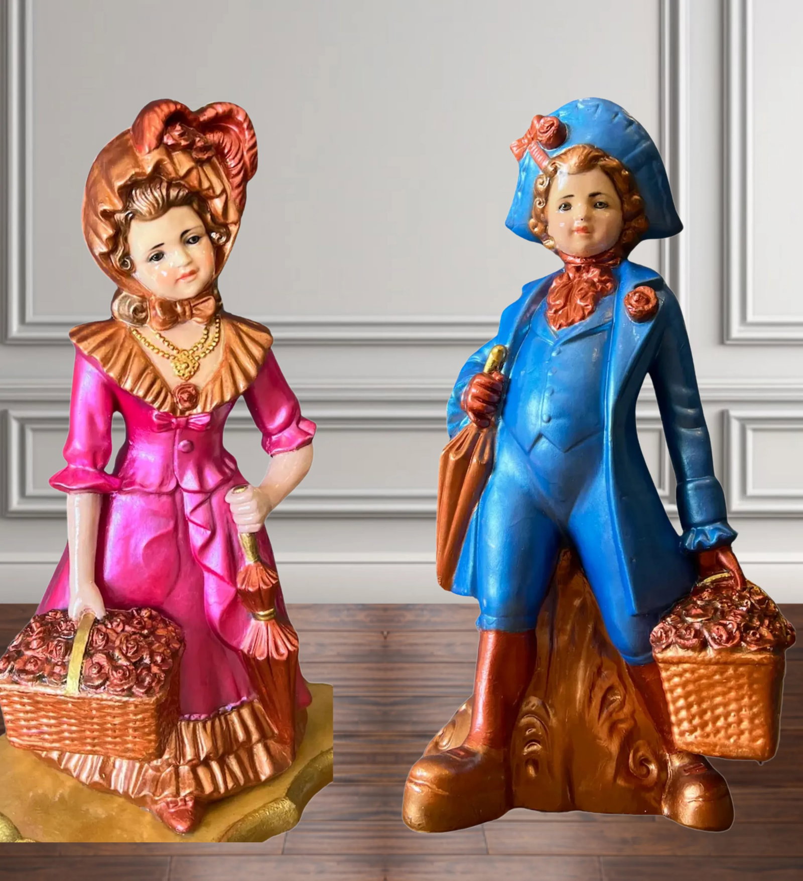 Mid-Century Chalkware Figural Boy and Girl Carrying Flower Baskets Table Lamp -A Pair - 10