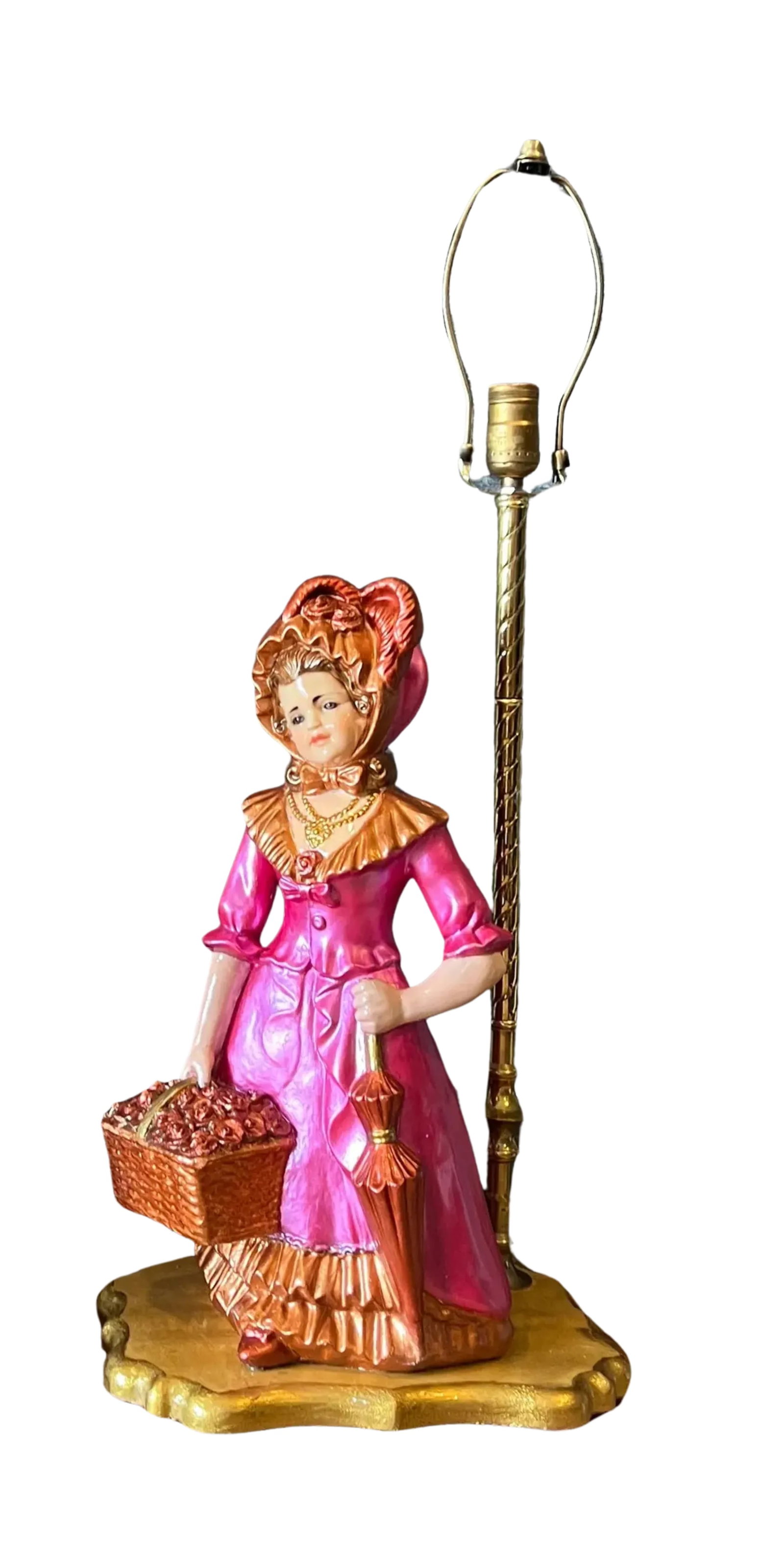 Mid-Century Chalkware Figural Boy and Girl Carrying Flower Baskets Table Lamp -A Pair - 5
