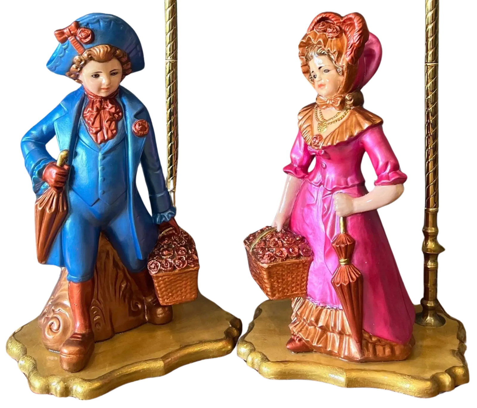Mid-Century Chalkware Figural Boy and Girl Carrying Flower Baskets Table Lamp -A Pair - 7