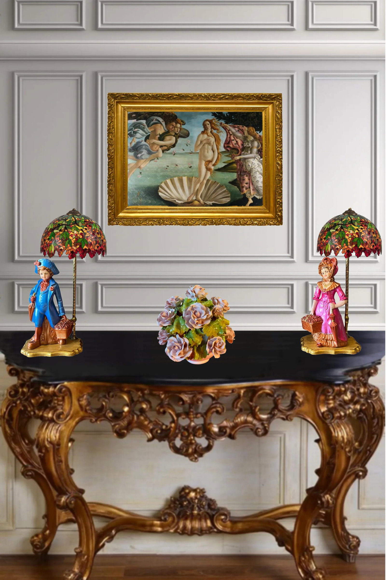 Mid-Century Chalkware Figural Boy and Girl Carrying Flower Baskets Table Lamp -A Pair - 8